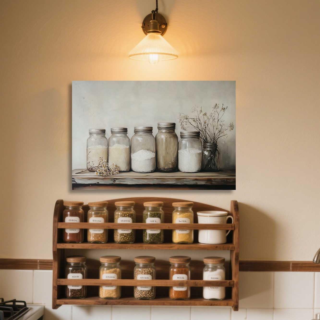 ZSHARTSWD Farm Kitchen Wall Art Country Mason Jar Spice Pictures Still Life Culinary Canvas Print Vintage Spices Food Painting Dining Room Home Decor Framed (Beige, 28.00" x 42.00")
