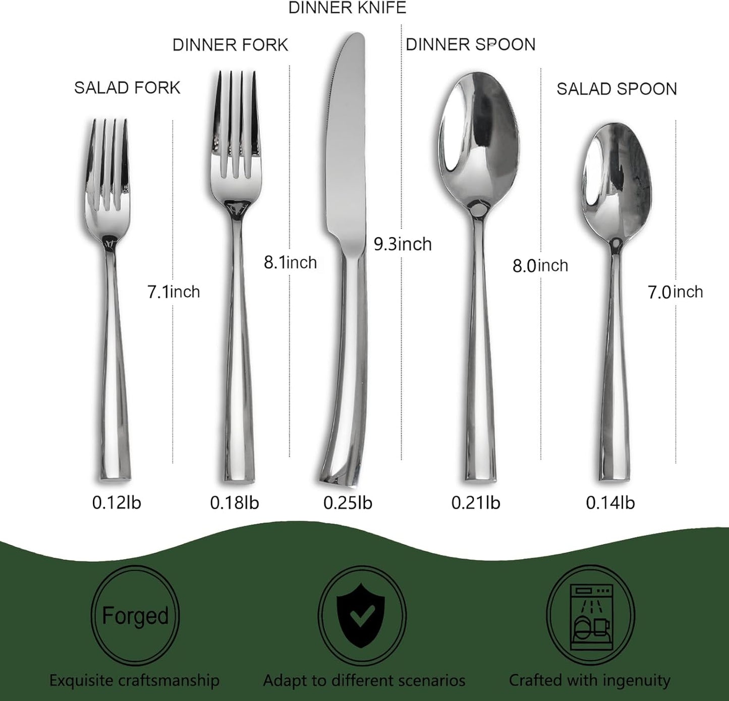 18/10 5-Piece Silverware Set, Glossy Flatware Set Stainless Steel, Modern Cutlery Set, Service for 1, Mirror Finish Dishwasher Safe
