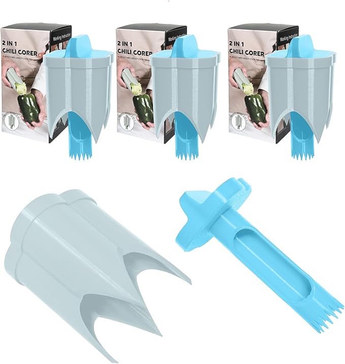 Pepper Corer, 2 in 1 Red Bell Pepper Seed Corer Remover Tool, Fruit & Vegetable Corers Quick Cave Tools for Jalapeno Cutter Deseeder, S-P-Blue, 3 PCS