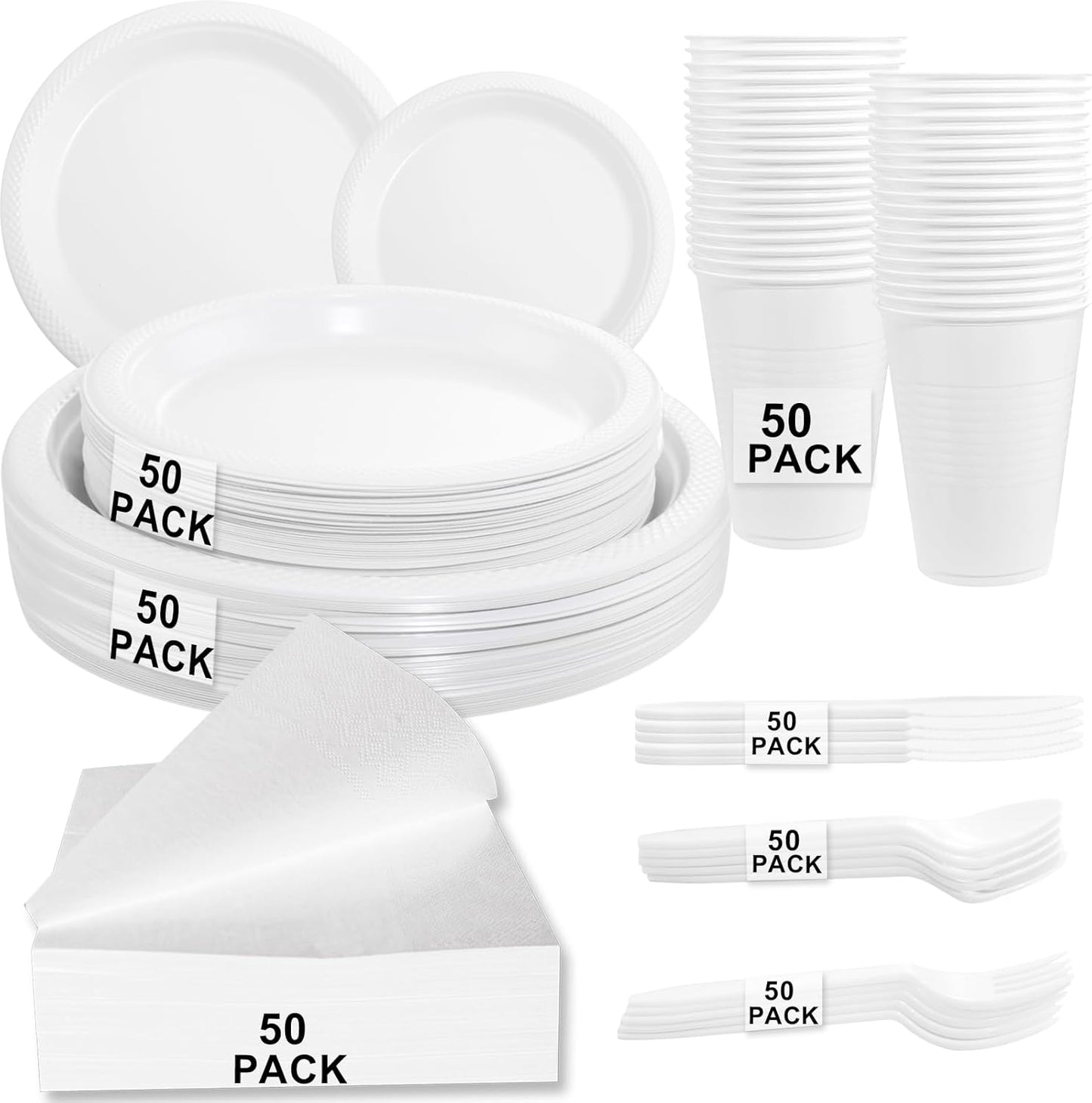 MirthMood 350PCS White Disposable Plates, Round Solid Color Disposable Plates for Party, including 50 Dinner Plates,50 Dessert Plates,50 White Silverware,50 Napkins and 50 16OZ Cups