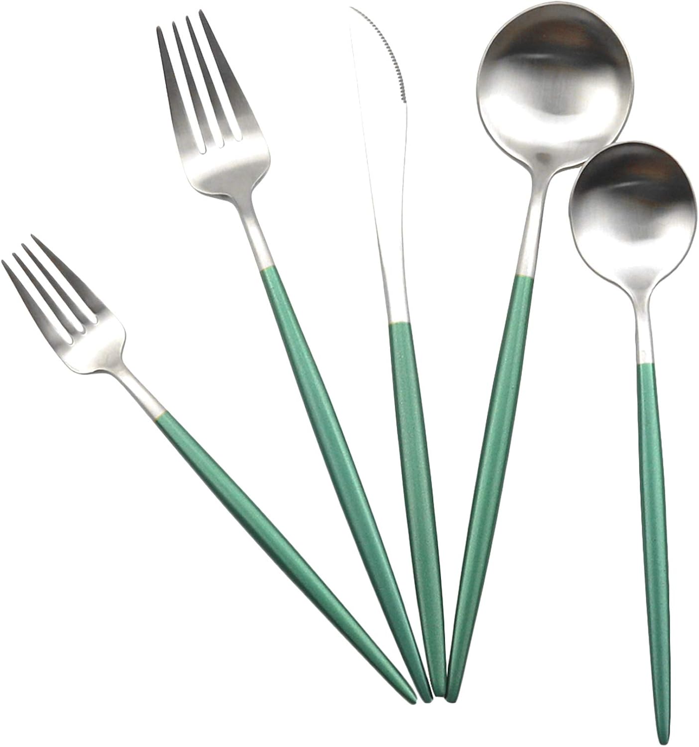 Gugrida Luxury Flatware, Royal 20 Piece Matte White Handle 18/10 Stainless Steel Tableware Sets for 4 Including Forks Spoons Knives, Camping Silverware Travel Utensils Set Cutlery (Green Silver)