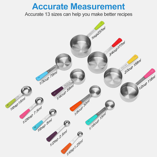 13-Piece Measuring Cups and Spoons Set Stainless Steel for Cooking & Baking (8 Cups +5 Spoons, Colorful）