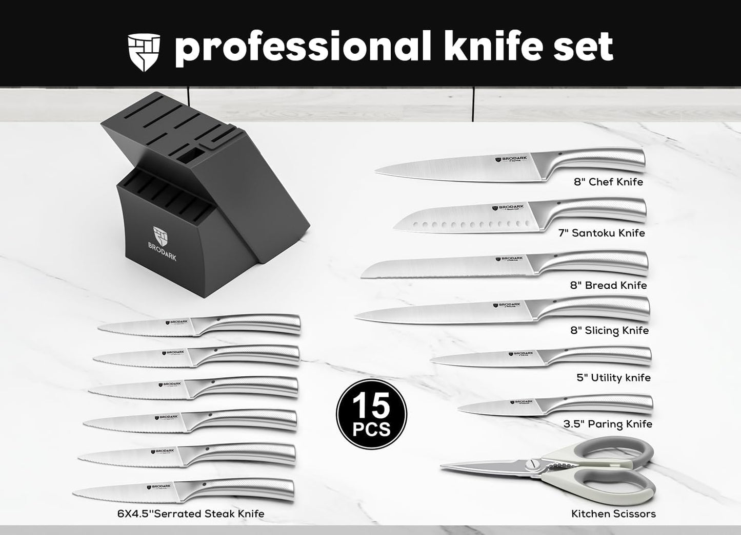 BRODARK Knife Block Set: Kitchen Knives Set with Block & Built-in Sharpener - 15 Pcs Ultra Sharp Chef knife – High Carbon Stainless Steel, Etched Handle – Ergonomic Non-Slip Grip, Silver Wolf Series