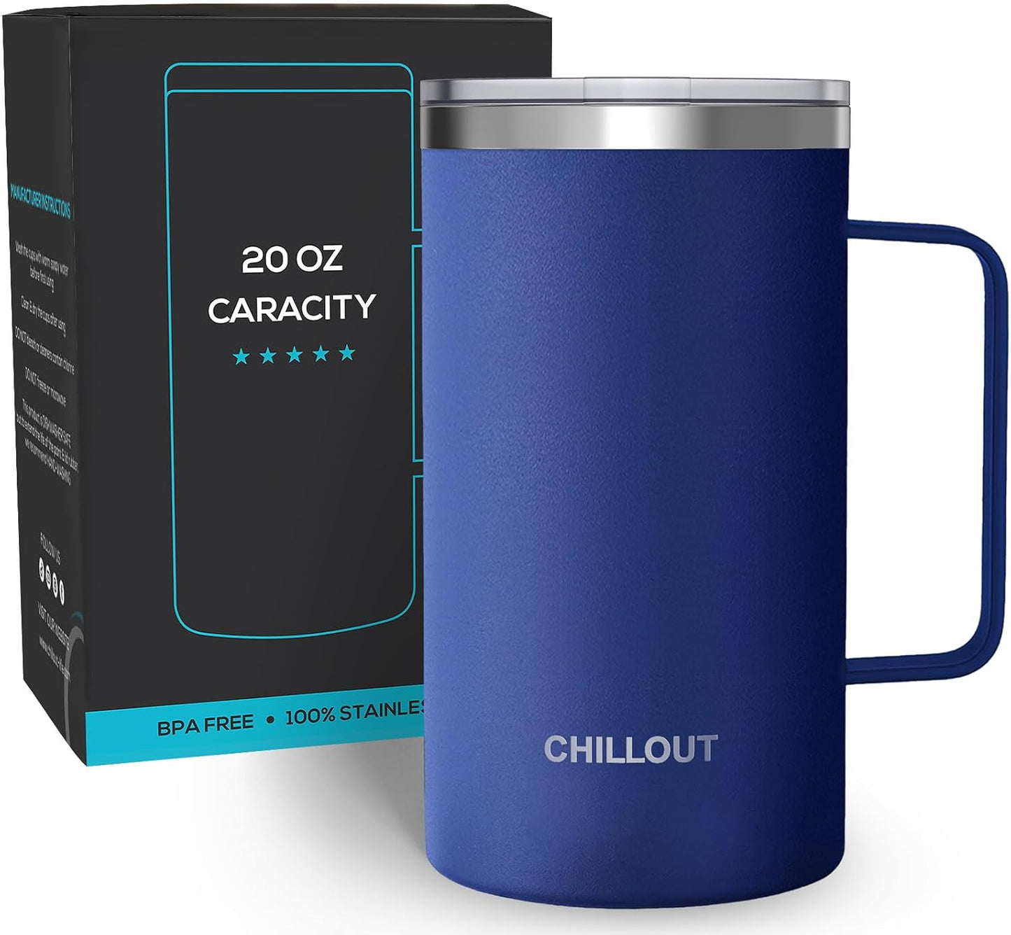 CHILLOUT LIFE Stainless Steel 20 oz Vacuum Insulated Coffee Mug with Handle and Lid, Large Thermal Camping Coffee Mug Cup with Durable Sliding Lid for Men & Women, Keeps your Beverages Hot/Cold