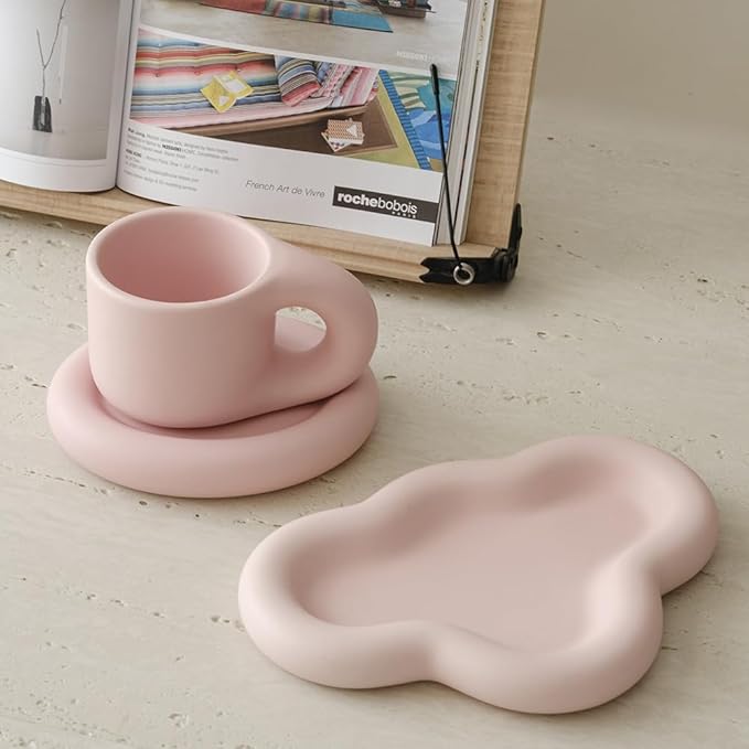 WENSHUO Chubby Funny Coffee Mug, Novelty Cute Cup and Saucer, Matte Crème, 9 oz (Matte Soft Pink)