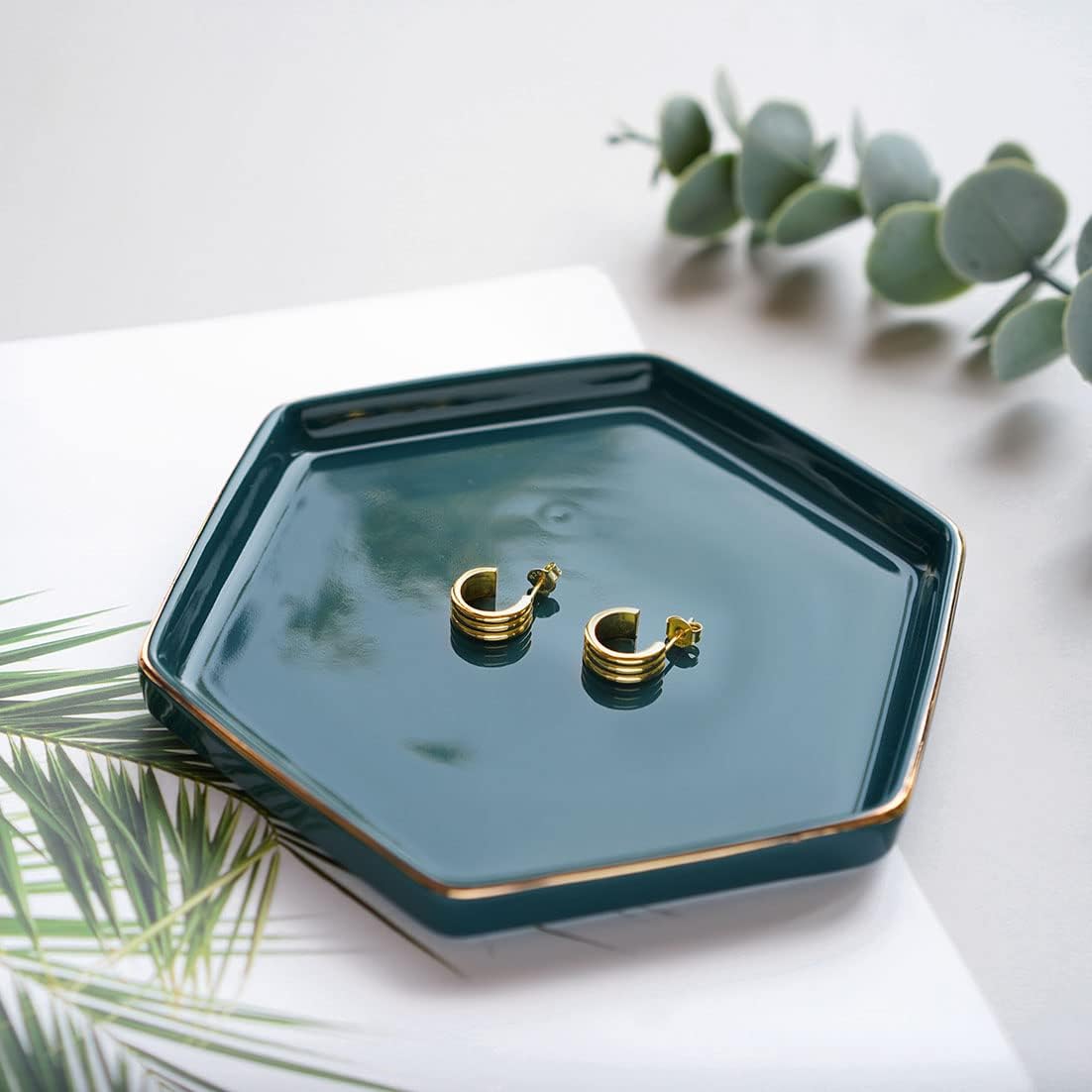 4.7 inch Ceramic Jewelry Dish Tray, Small Ring Holder Dish, Green Catch All Trinket Tray for Keys Rings Earrings