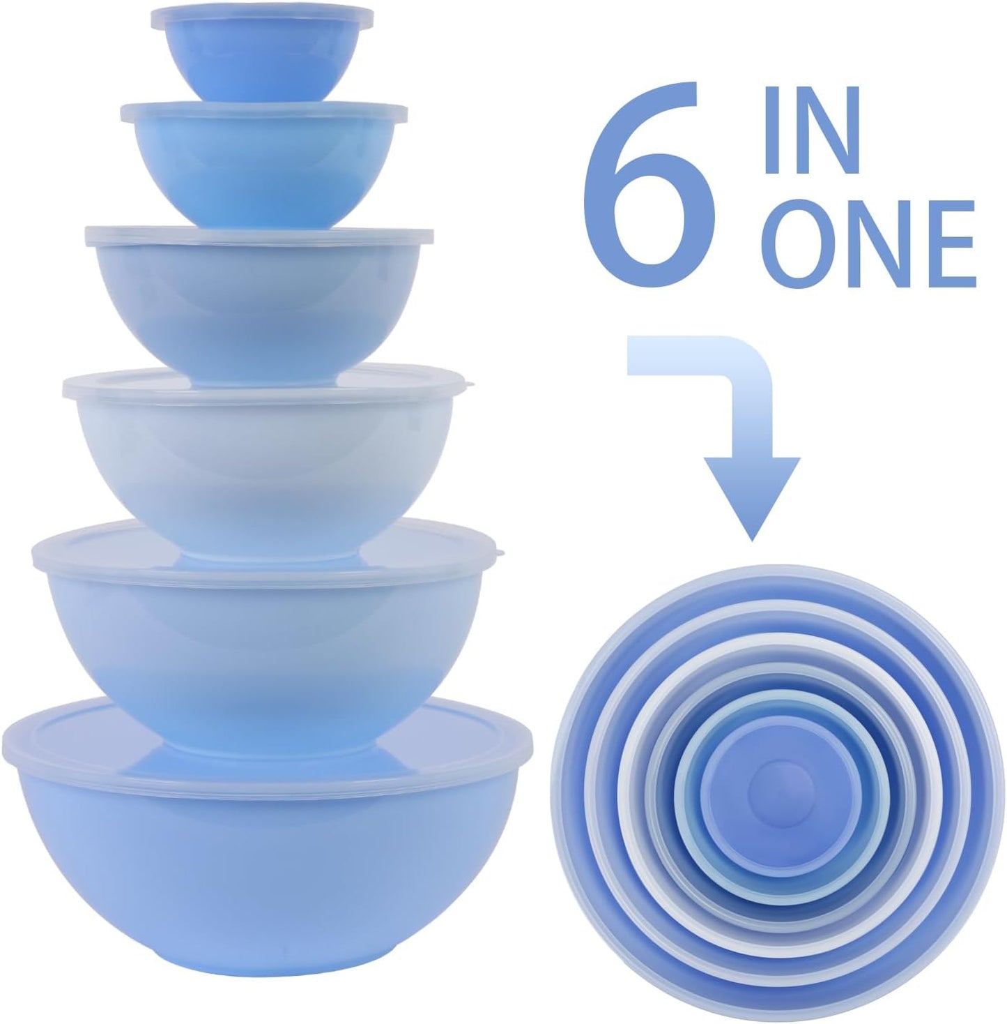 BoxedHome BPA Free Plastic Round Mixing Bowl with Lids, 12 Pack Nesting Bowls with Lids Set, Microwave and Dishwasher Safe Prep & Serving Bowls Great for Mixing, Baking, Serving (Pale Blue, 12pcs)