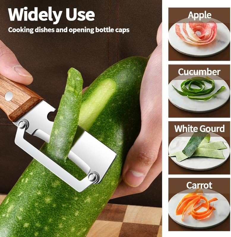 Multi-Functional Vegetable Peeler for Kitchen with Wooden Handle and Bottle Opene, Non-Slip Ergonomic Handles, Stainless Steel Blade Kitchen Tool for Vegetables or Fruits that Need to Be Peeled