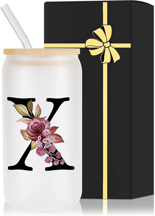 Monogrammed Glass Drinking Cup With Lid Straw Women Female Teacher Gifts for Birthday Christmas Holiday Xmas Personalized Unique Custom Inexpensive Present Im Sorry You Are My Sunshine,X