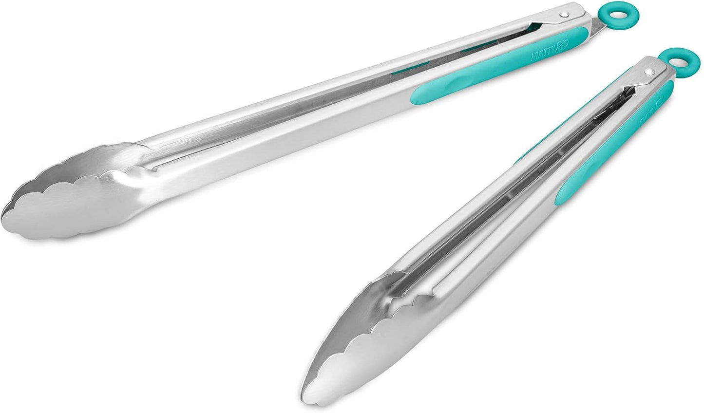 304 Stainless Steel Kitchen Cooking Tongs, 12" and 14" Set of 2 Sturdy Grilling Barbeque Brushed Locking Food Tongs with Ergonomic Grip, Aqua Sky