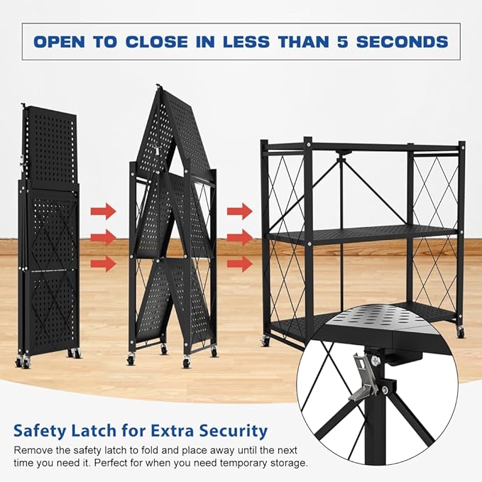 Lifetime Home 3-Tier Foldable Storage Shelf with Wheels - Metal Rack Collapsible Shelving Unit Display, Rolling Cart for Books Kitchen Storage Shelves, Pantry & Closet Organizer, Office Room Decor