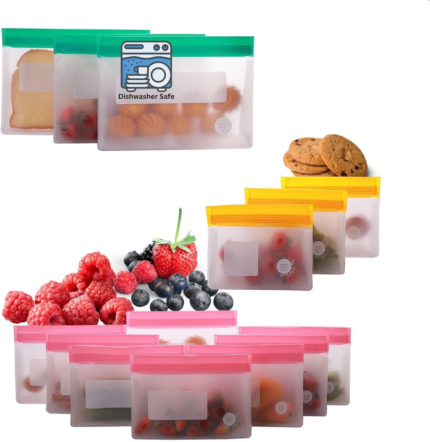 Reusable Food Storage Bags – 14-Pack Stand-Up, BPA-Free, Freezer, Dishwasher Safe & Eco-Friendly – 3 L, 8 M, 3 S Bags – Airtight Leakproof, Sandwich, Snack, and Meal Prep Baggies (Multicolor)