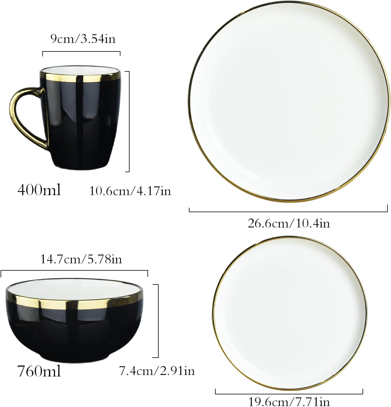 Black Ceramic Dinnerware Sets for 4, 16-Piece Contrast Plates and Bowls Set with Gold Rim, Crack Resistant | Dishwasher & Freezer Safe Dinnerware Set, Service for 4