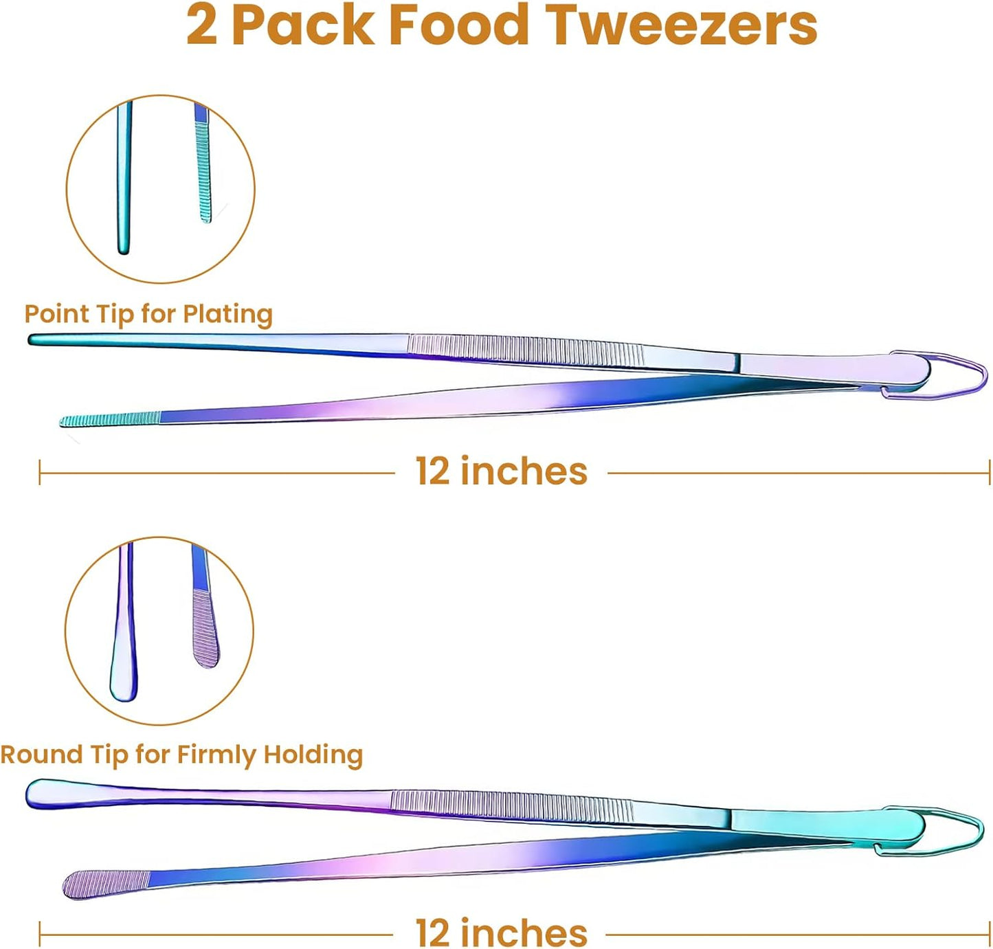 GEEKHOM 2 Pcs 12" Colorful Cooking Tweezer Tongs, Non-Slip Grip Stainless Steel Tweezers for BBQ, Kitchen, Serving, Salad & Pasta