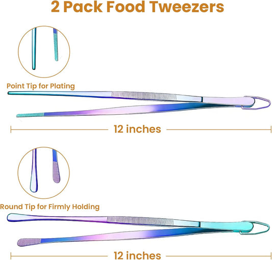 GEEKHOM 2 Pcs 12" Colorful Cooking Tweezer Tongs, Non-Slip Grip Stainless Steel Tweezers for BBQ, Kitchen, Serving, Salad & Pasta