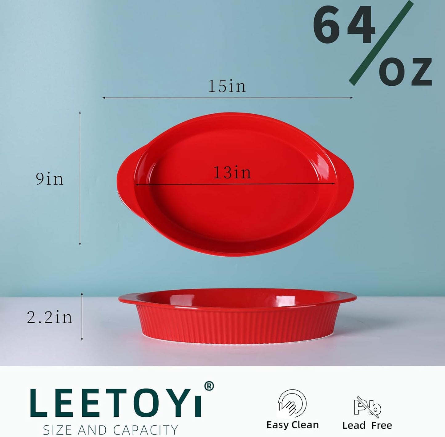 LEETOYI Porcelain 9x13 Large Oval Au Gratin Pans,Baking Dish for Servings, Bakeware with Double Handle for Kitchen and Home (Red)