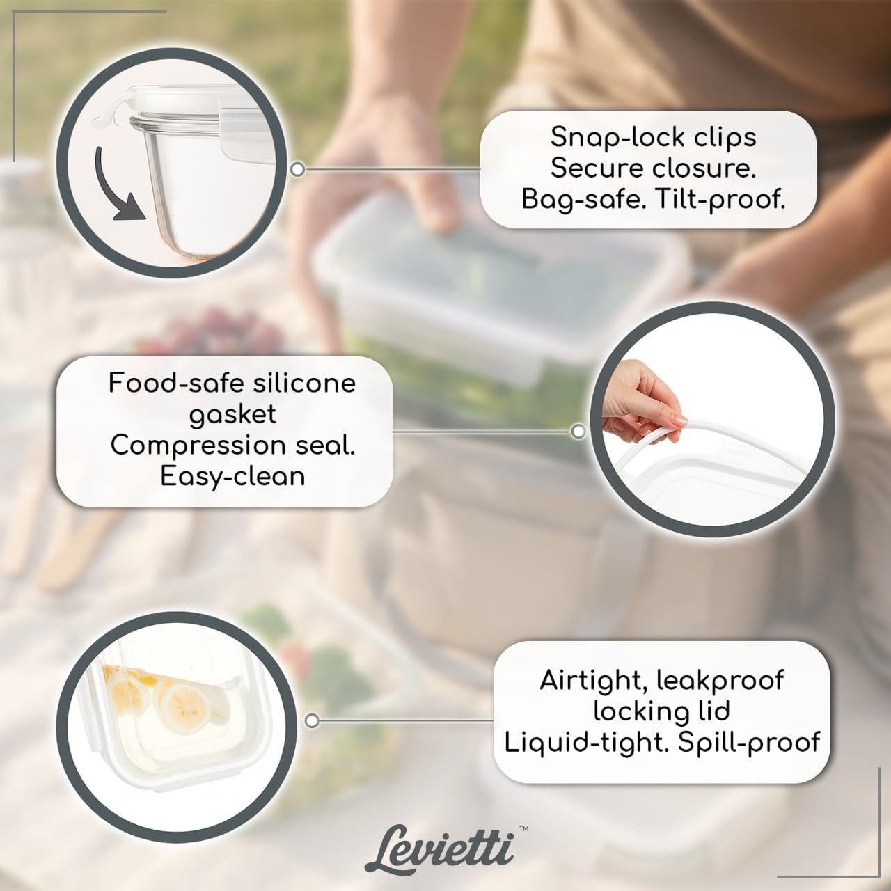 Levietti Glass Food Containers with Airtight Plastic Lids, Set of 2 (1040ml / 35oz) Leakproof Borosilicate Storage for Fresh Meals, Portion Control & Minimalist Kitchens