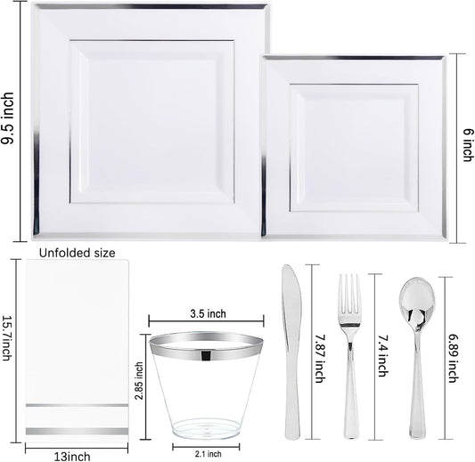 Festiva 350Pcs Silver Plates - Silver Square Plastic Plates 9 .5" and 6" - serve for 50 guests include 50 Cups 50Plastic Cutlery 50Hand Napkins Perfect for Party&Wedding&Birthday&Christmas