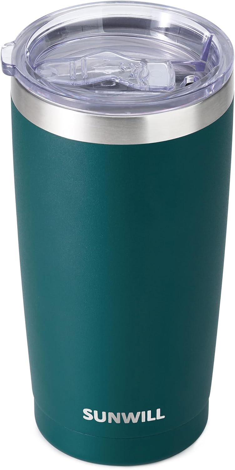 SUNWILL Travel Coffee Tumbler 20 oz, Insulated Mug with Lid, Stainless Steel Cup for Outdoor, Powder Coated Dark Green