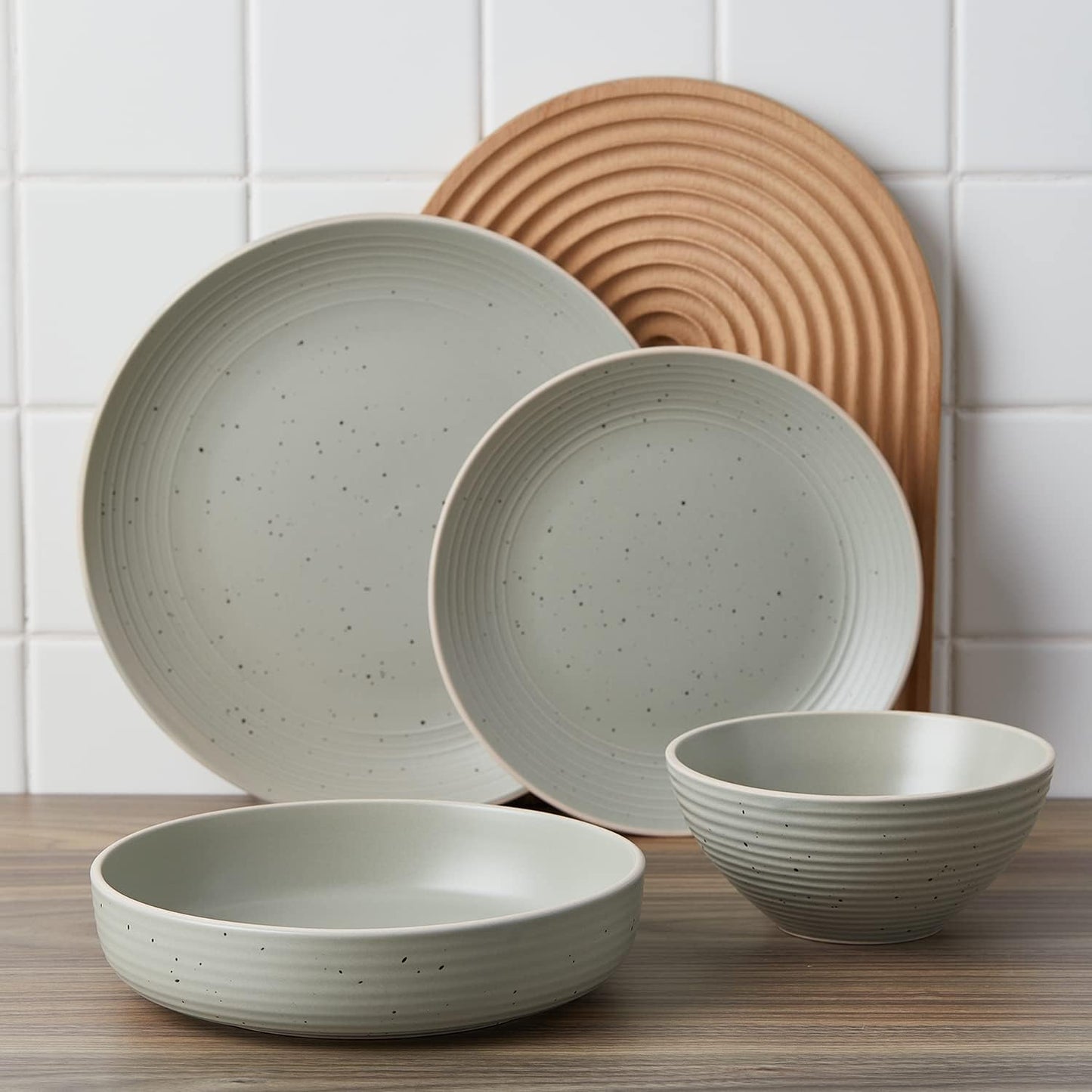 Stone Lain Lauren Stoneware, Rustic Plates and Bowls Set, Dinnerware, Service for 8, Speckled Green, Dishwasher & Microwave Safe, 32-Piece