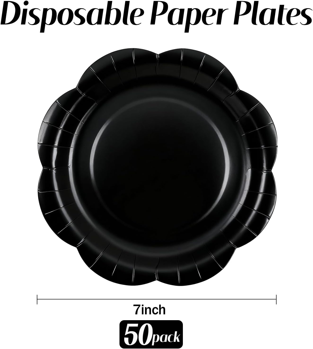 50 Pack Black Paper Plates 7 Inch, Disposable Scalloped Plates Cake Dessert Plate for Dinner Baby Shower Wedding Bridal Shower Birthday Party Supplies (Black, 7 inch)