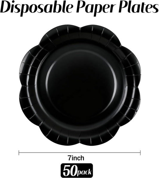 50 Pack Black Paper Plates 7 Inch, Disposable Scalloped Plates Cake Dessert Plate for Dinner Baby Shower Wedding Bridal Shower Birthday Party Supplies (Black, 7 inch)