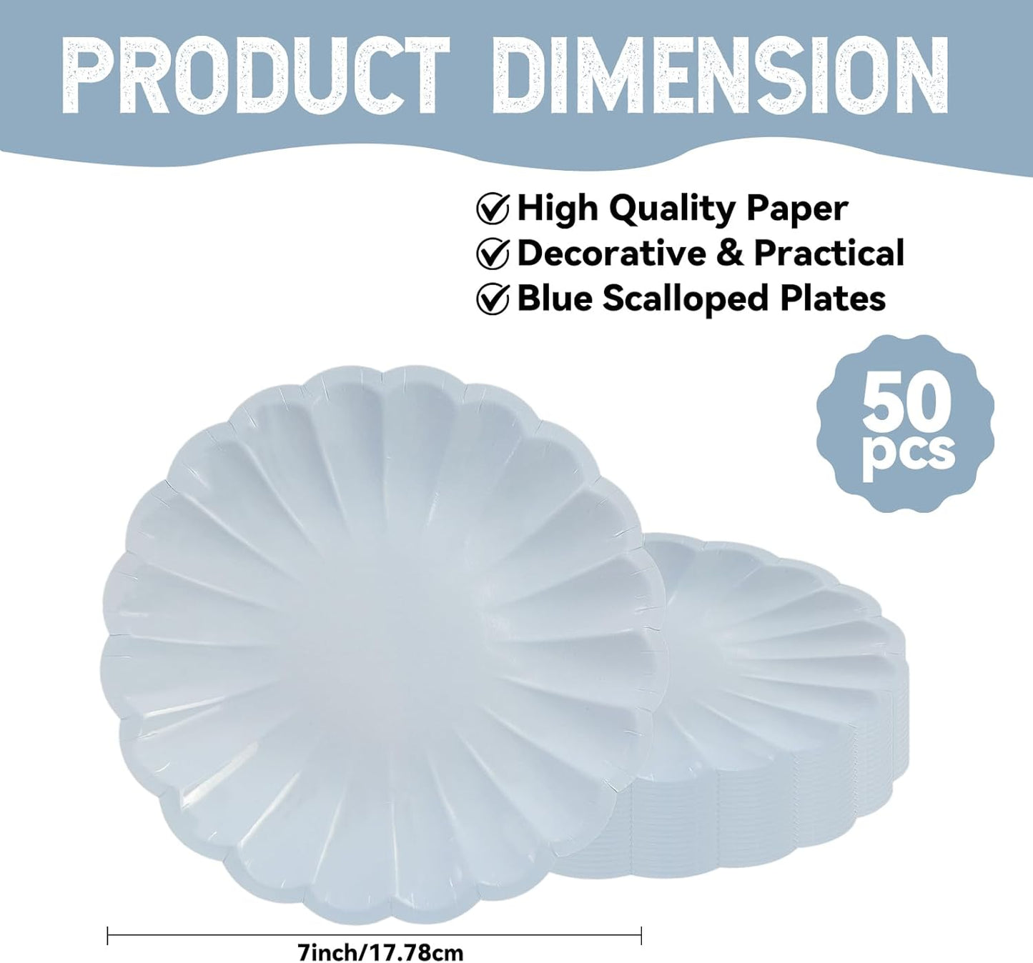 50Pcs Large Scalloped Light Blue Paper Plates 7Inch Shell Edge Dessert Plates for Cake Salad Fruit Disposable Dessert Serving Plates for Birthday Wedding Baby Shower Party Decorations
