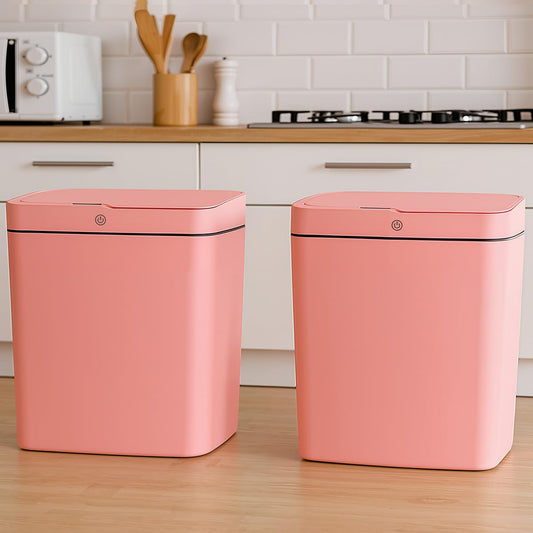 Two Pink smart sensor trash cans with a capacity of 4 gallons, supporting multiple opening methods, waterproof design, anti odor design, fast response, suitable for kitchens,bedrooms,offices, etc