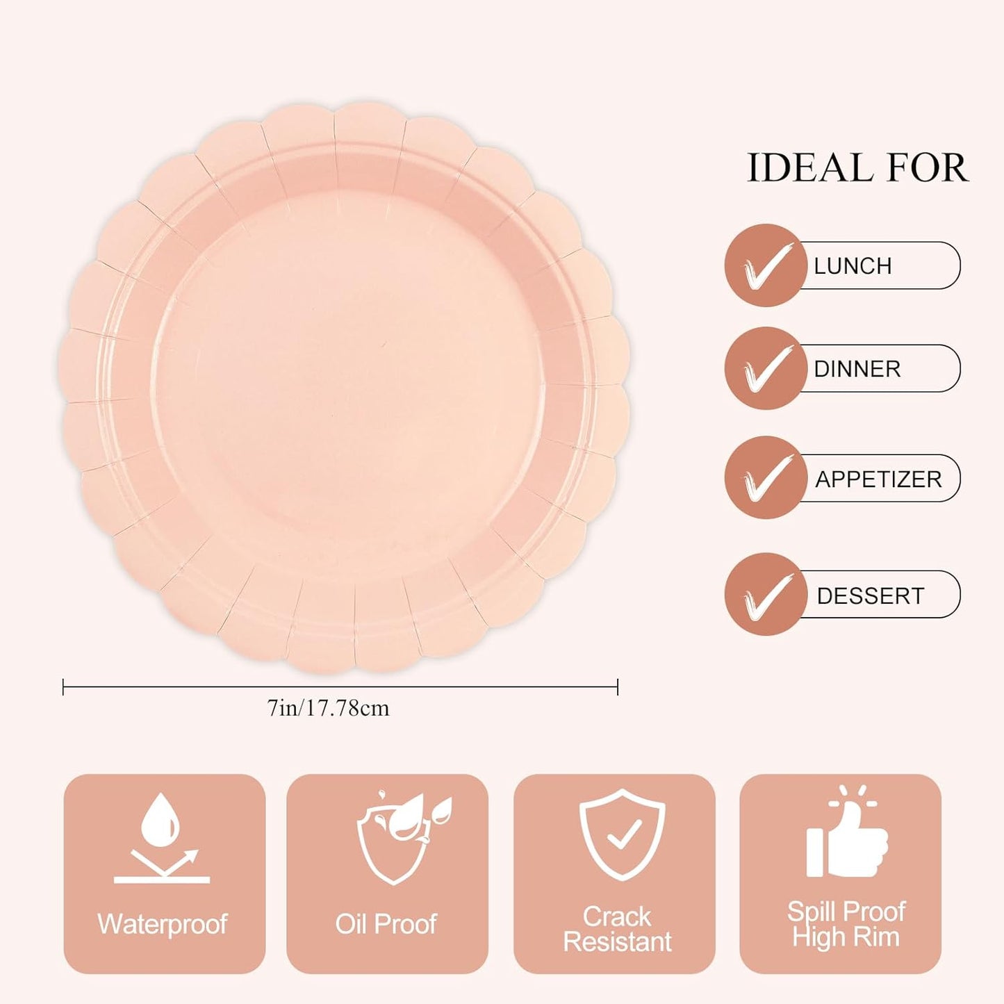 50Pcs Pink Paper Plates-7 Inch Solid Color Scalloped Disposable Birthday Dinnerware Set Disposable Dinner Party Supplies for Wedding Baby Shower Fall Pininc Birthday Table Decor