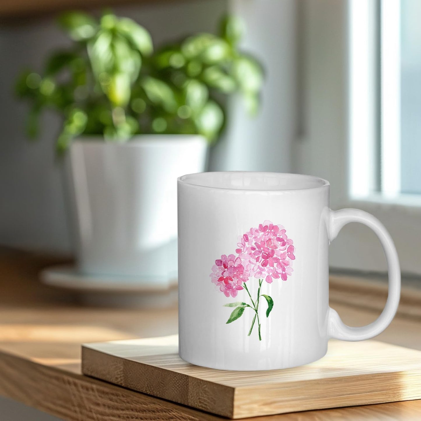Hydrangea Gifts Floral Coffee Mug, Pink Hydrangea Mugs for Women, Watercolor Pink Floral Ceramic Coffee Mug 11 oz