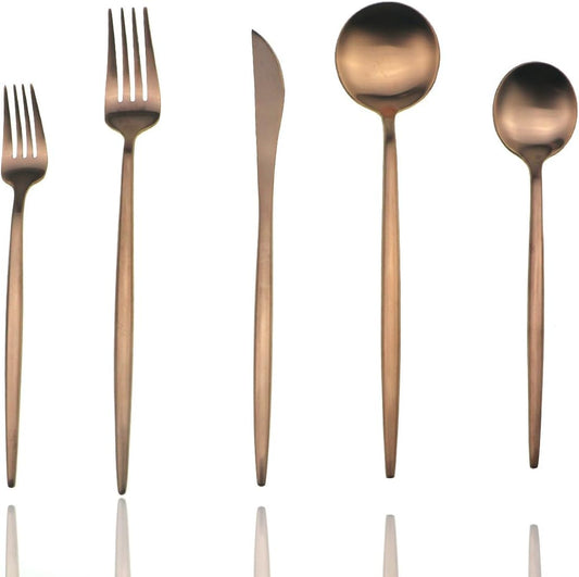 JASHII 18/10 Stainless Steel 5-Piece Matte Rose Gold Flatware Set,Dinner Knife Fork Salad Fork Dessert Spoon, Service for 1, Luxury Silverware Cutlery Utensil Sets