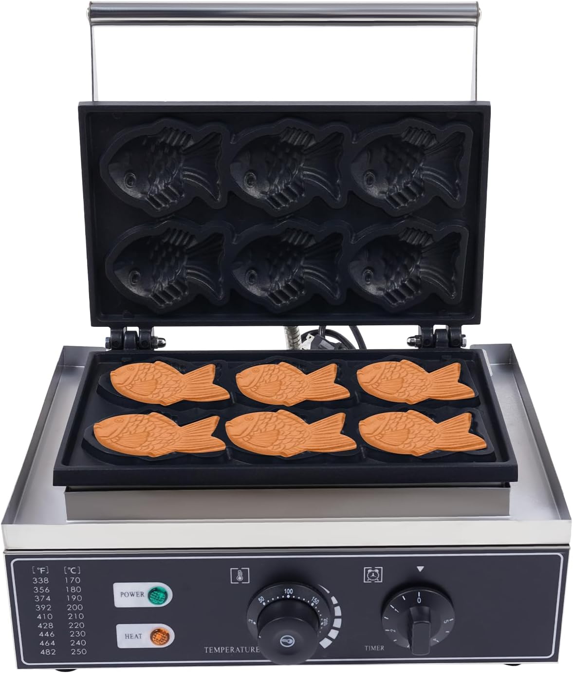 1550W Taiyaki Fish Waffle Maker, 6 Mold Mini Fish-Shaped Waffle Making Machine, Commercial Non-Stick Japanese Taiyaki Waffles Iron, 122-572℉ Adjustable for Making 6 Mini Closed-Mouth Fish waffles