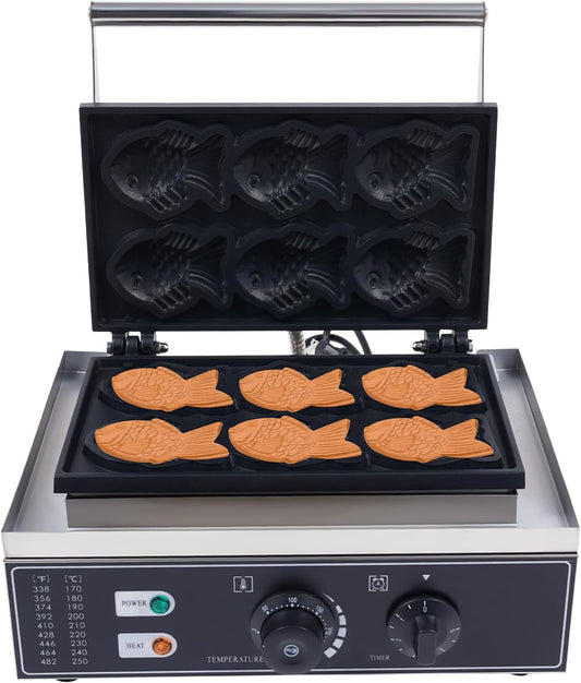 1550W Taiyaki Fish Waffle Maker, 6 Mold Mini Fish-Shaped Waffle Making Machine, Commercial Non-Stick Japanese Taiyaki Waffles Iron, 122-572℉ Adjustable for Making 6 Mini Closed-Mouth Fish waffles