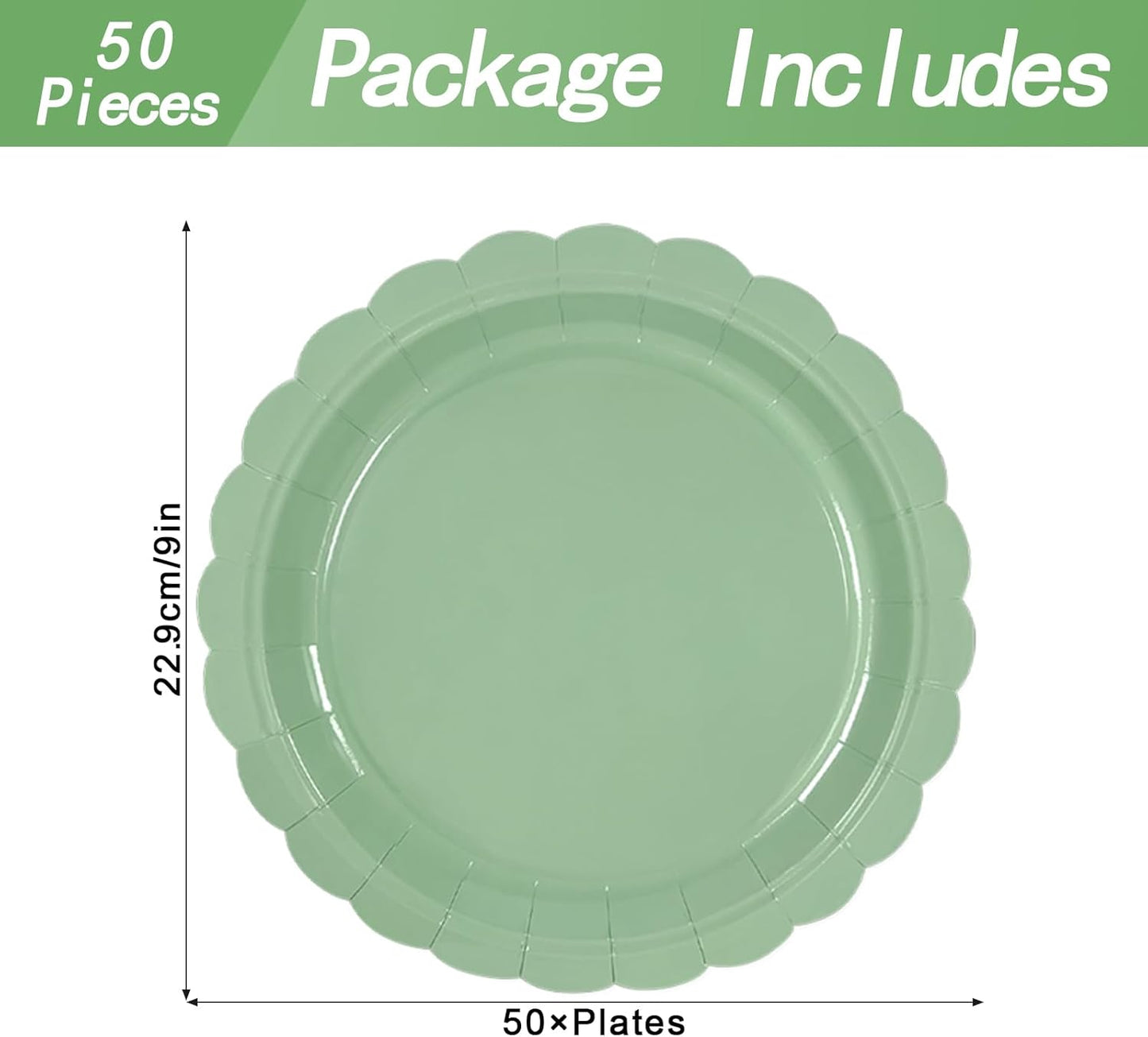 50PCS Sage Green Paper Plates Sage Green Party Supplies 9 Inch Disposable Dessert Plates Birthday Party Plates for Tea Party Baby Shower Wedding Graduation Picnic BBQ