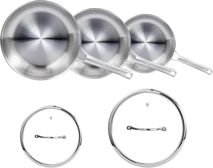 Bonnlo 5 Pieces Cookware Set, 3-Ply Stainless Steel Skillets Set with Lids, Chef's Pan Kitchen Set, Oven & Dishwasher Safe, Induction Cooking Set, PFOA & PTFE Free, Compatible for All Cooktops