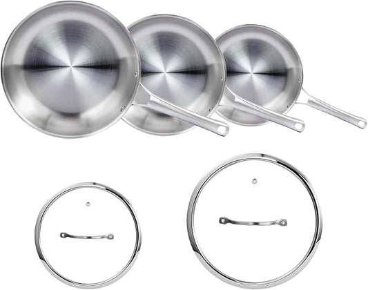 Bonnlo 5 Pieces Cookware Set, 3-Ply Stainless Steel Skillets Set with Lids, Chef's Pan Kitchen Set, Oven & Dishwasher Safe, Induction Cooking Set, PFOA & PTFE Free, Compatible for All Cooktops