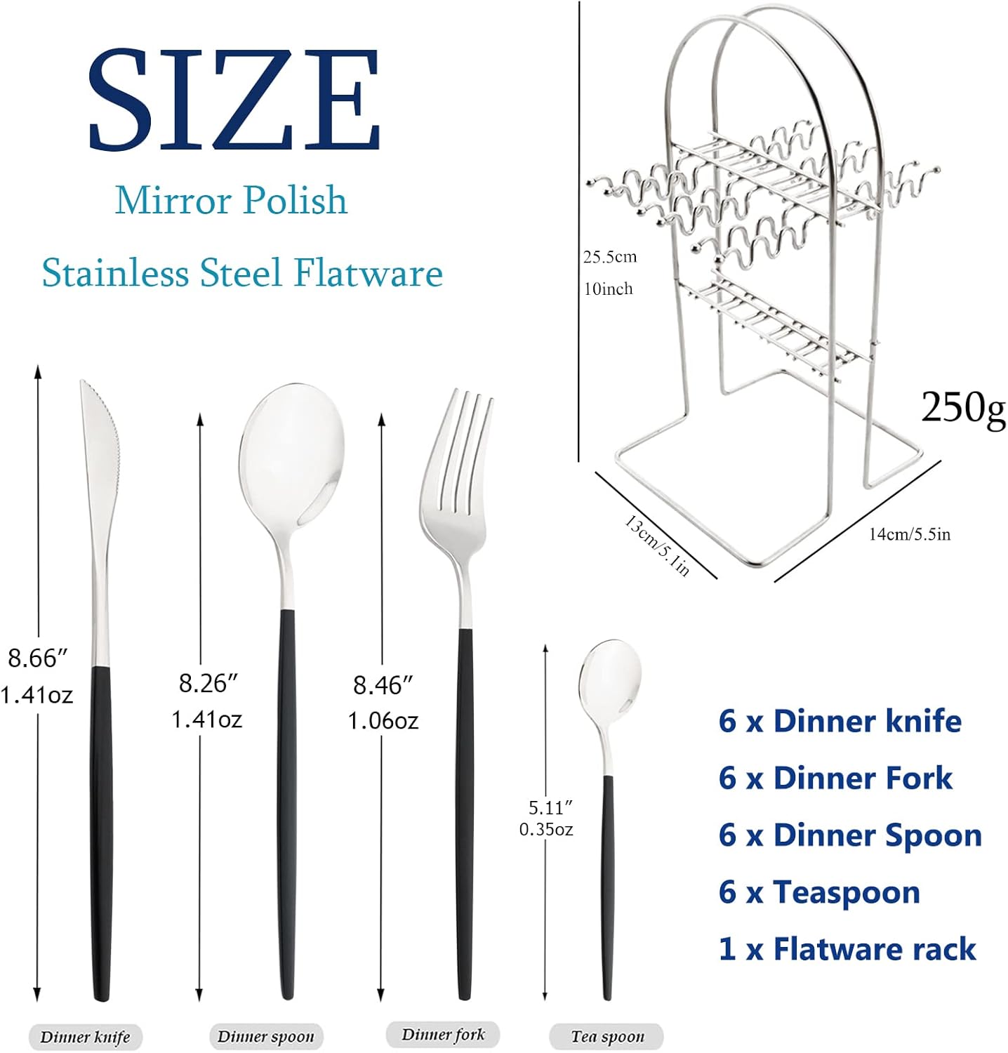 Black Silver 24Pcs Flatware Set With Stand, Lightweight Dinnerware Set Stainless Steel Cutlery With Black handles For Home Kitchen Wedding Party And Daily Use,Service For 6, Mirror Polish
