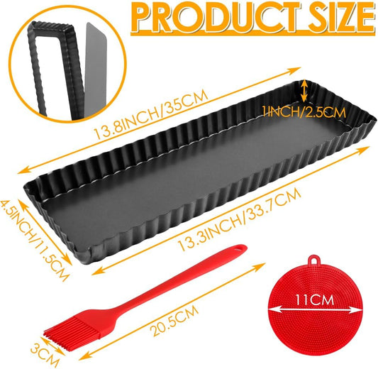 Tart Pan, 14 Inch Rectangle Tart Quiche Pan with Removable Bottom Nonstick Pie Pan with Oil & Dish Brush, Baking Tray with Loose Bottom for Fluted Pies, Quiche,Tart