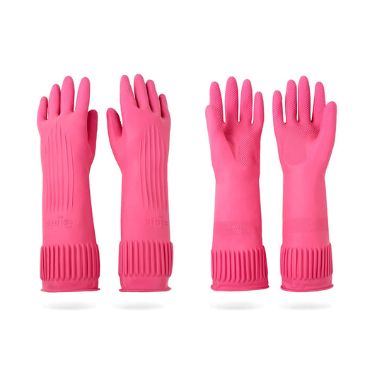 Mamison 2 Pairs Reusable Waterproof Household Dishwashing Cleaning Rubber Gloves, Non-Slip Kitchen Glove (Pink, Medium (Pack of 2))