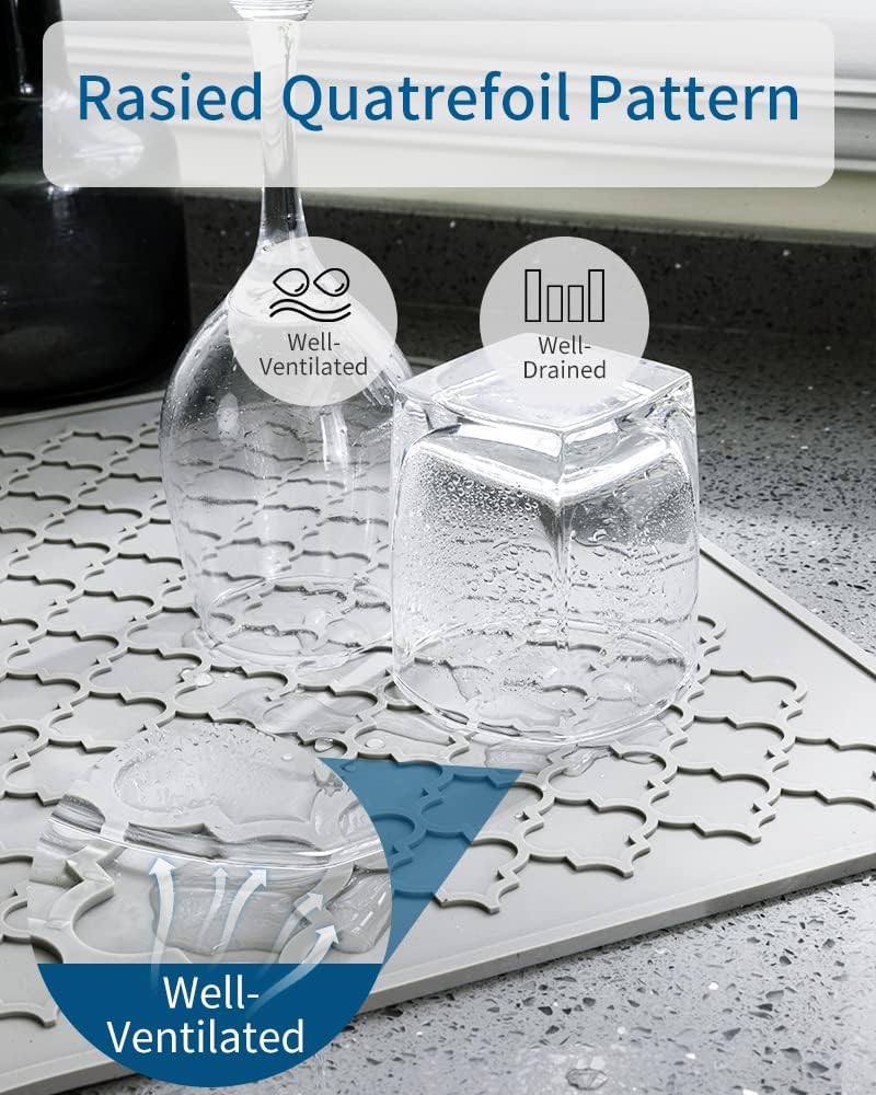 AMOAMI Dish Drying Mat,Heat-resistant,Easy Clean,Silicone Dish Drying Mats for kitchen Counter,Kitchen Gadgets Kitchen Accessories Kitchen Appliances (16" x 24", GREY)