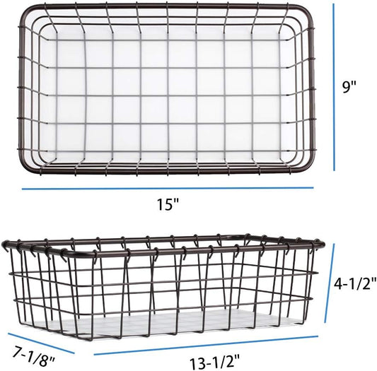 4 Pack Large Wire Baskets, 15" x 9" Metal Wire Basket for Pantry Organizers, Kitchen, Bathroom, Office, Stackable Storage Baskets, Bronze