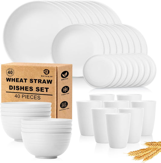 Wheat Straw Dinnerware Sets - 40 PCS Unbreakable Plates and Bowls Sets Service for 8 Kitchen Dishes Set, Dinner Plates, Cereal Bowls, Cups Set Camping Dish Dishwasher & Microwave Safe - White