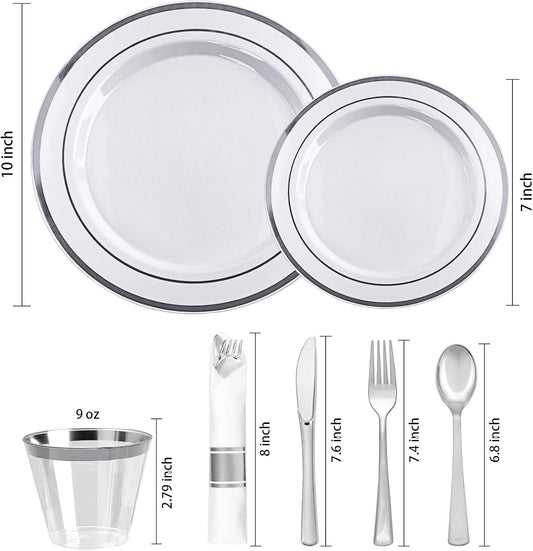 350 PCS White and Silver Plastic Dinnerware Set for 50 Guests, 100 Disposable Plates for Party, 50 Pre Rolled Napkins with Silver Silverware, 50 Cups