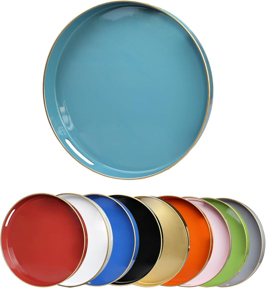 Teal Blue Round Decorative Tray with Handles, 13" Elegant Coffee Table Serving Tray for Ottoman Living Room, Bathroom, Outdoors, Breakfast