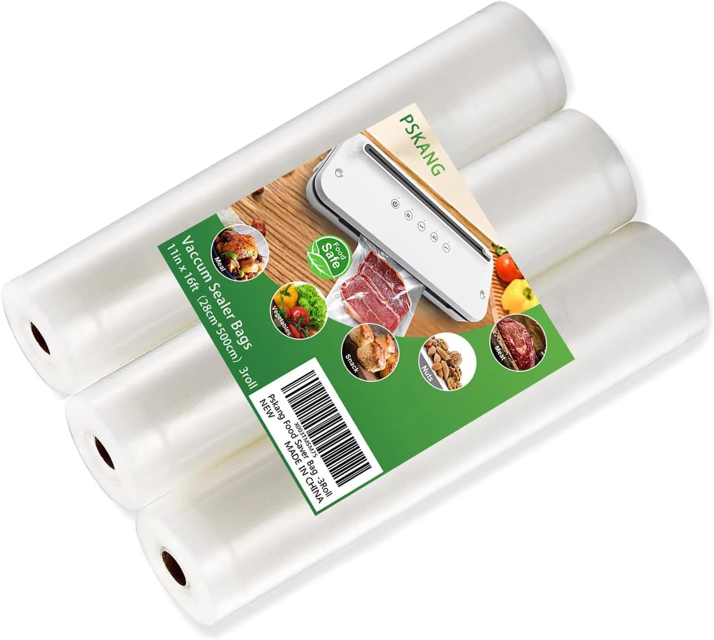 Vacuum Sealer Bags Rolls 11" x 16' (3 Rolls) BPA Free Vacuum Seal Bags for Food Heavy Duty Puncture Prevention Bags Rolls for Custom Fit Airtight Food Storage and Sous Vide