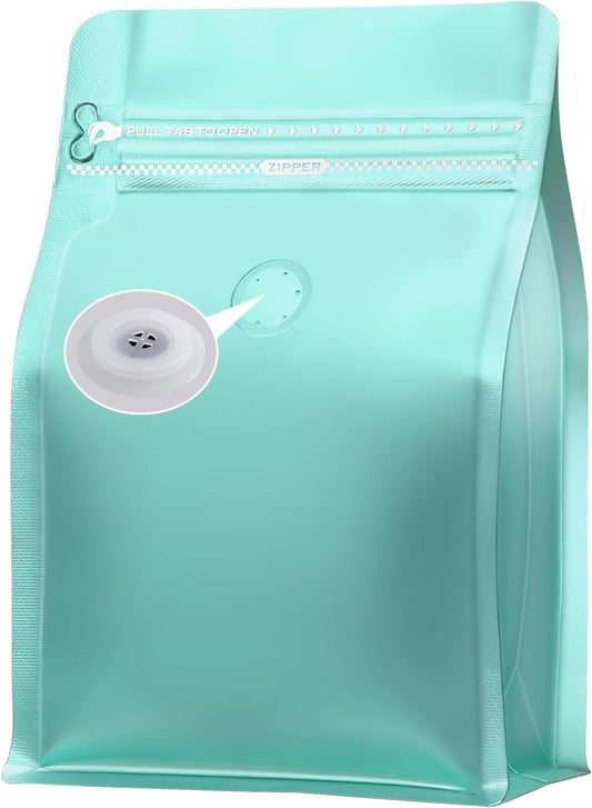 REMTAP Coffee Bags with Valve(50pcs,8oz) Blue High Barrier Aluminumed Foil Flat Bottom Standing Coffee Beans Storage Bags,Reusable Heat Sealable Side Zipper Pouches for Home or Store