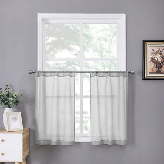 Tollpiz Sheer Tier Curtains Kitchen Linen Textured Half Curtain Sheers Light Filtering Rod Pocket Voile Bathroom Short Curtains for Farmhouse, 25 x 30 inches Long, Silver Grey, Set of 2 Panels