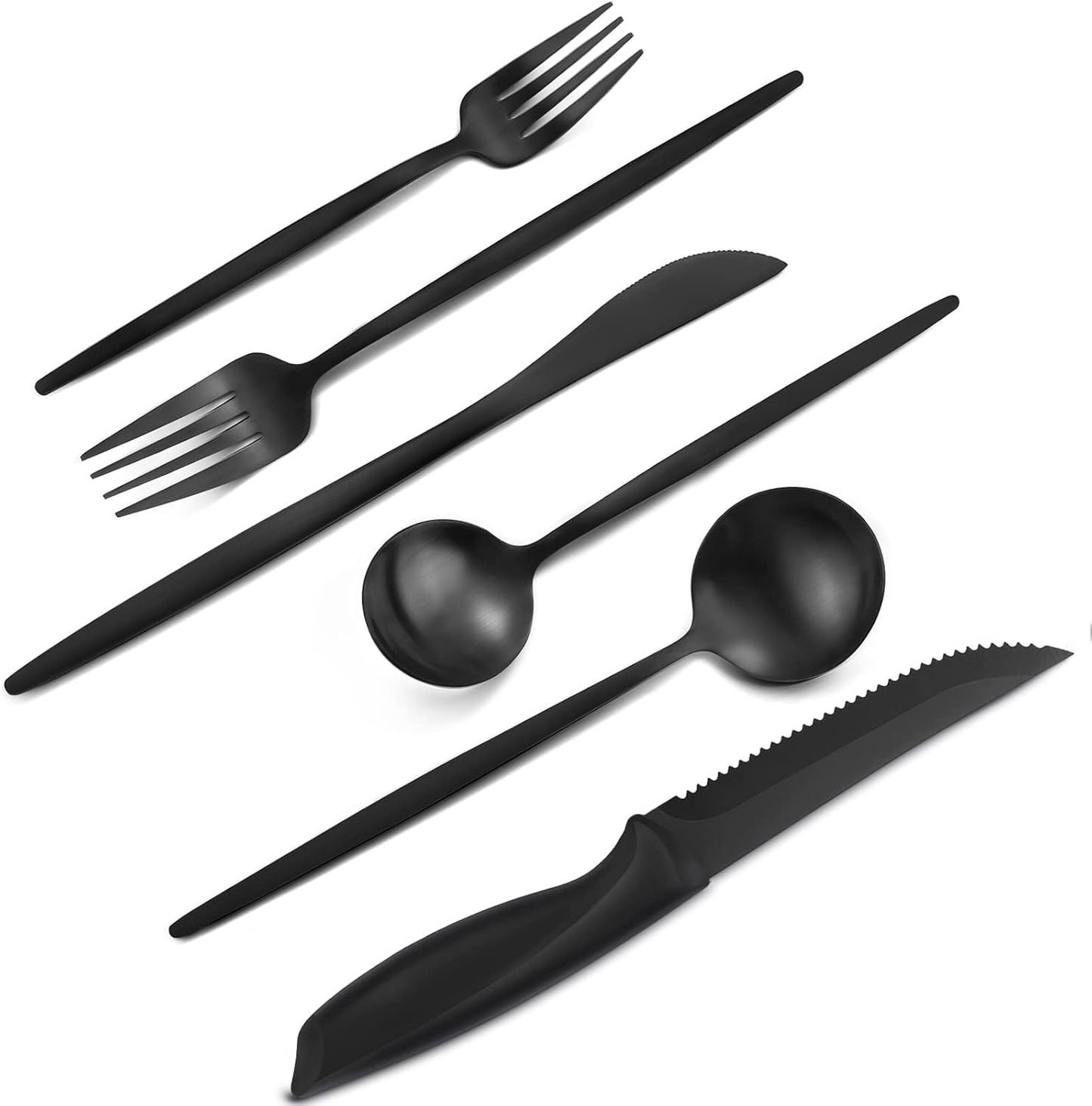 24 Pieces Matte Black Silverware Set with Steak Knives,Satin Finish tableware Cutlery Set for Home and Restaurant,Matte Knife Spoon and Fork Sets Service for 4,Dishwasher Safe