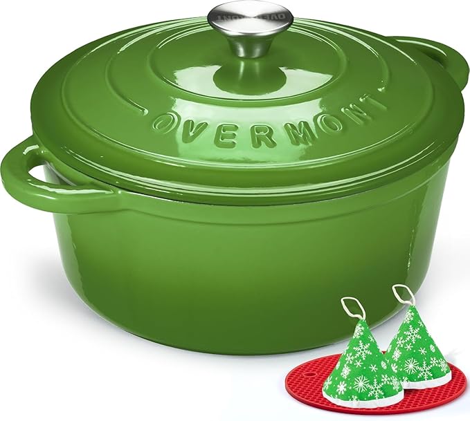 Overmont Enameled Cast Iron Dutch Oven - 5.5QT Pot with Lid Cookbook & Cotton Potholders - Heavy-Duty Cookware for Braising, Stews, Roasting, Bread Baking Green