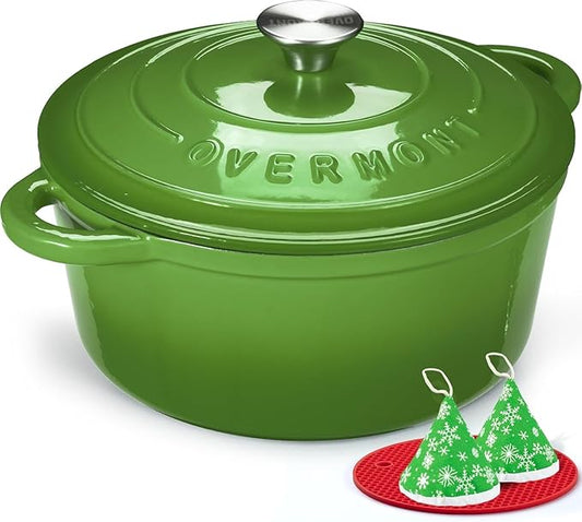 Overmont Enameled Cast Iron Dutch Oven - 5.5QT Pot with Lid Cookbook & Cotton Potholders - Heavy-Duty Cookware for Braising, Stews, Roasting, Bread Baking Green